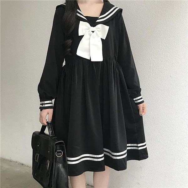 Roupas pretas lolita lolita japonês estilo doce túnio bowknot de manga longa festas formais mulheres kawaii marinheiro colar vestido jk girl tonothiothi