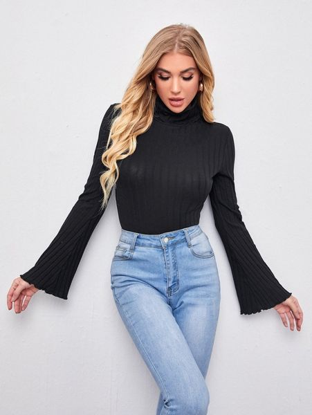

funnel neck bell sleeve lettuce trim rib-knit e9af#, White