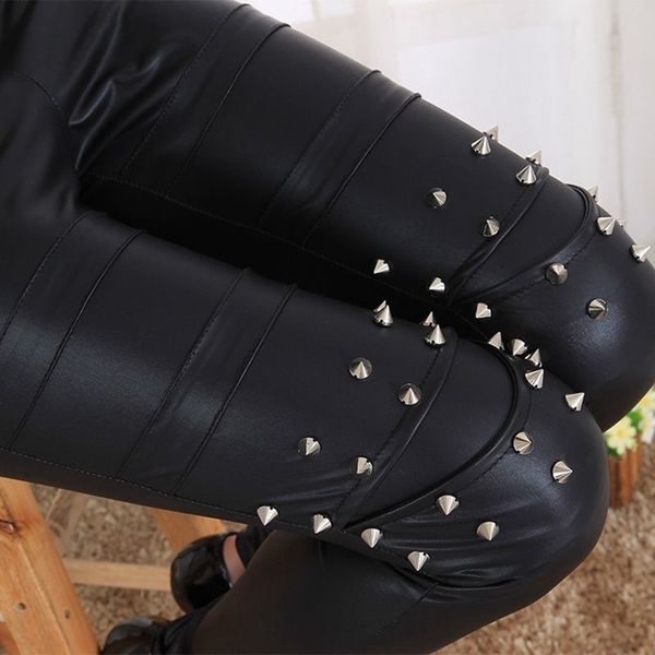 

girl punk leather legging immitation gothic patchwork rivet nine leggings female fitted fake leather pants club bar y200328, Black;white