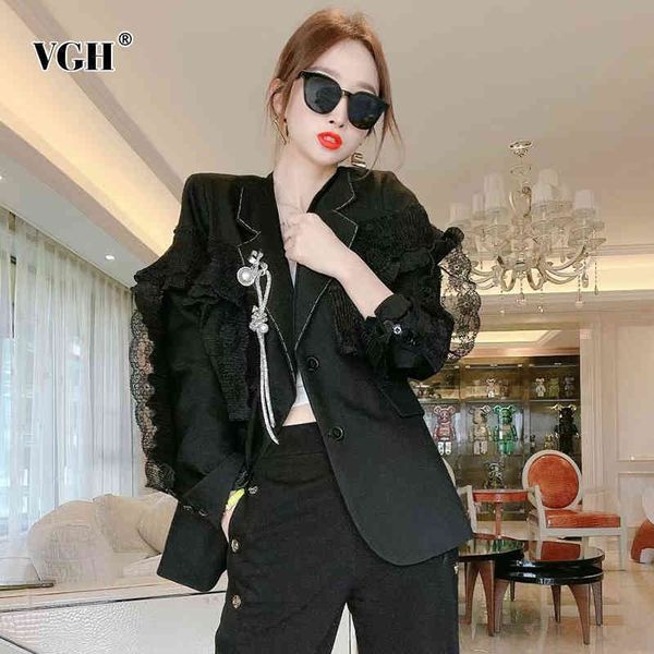 

black patchwork lace blazer for women notched long sleeve korean casual straight blazers female spring fashion clothing 210507, White;black