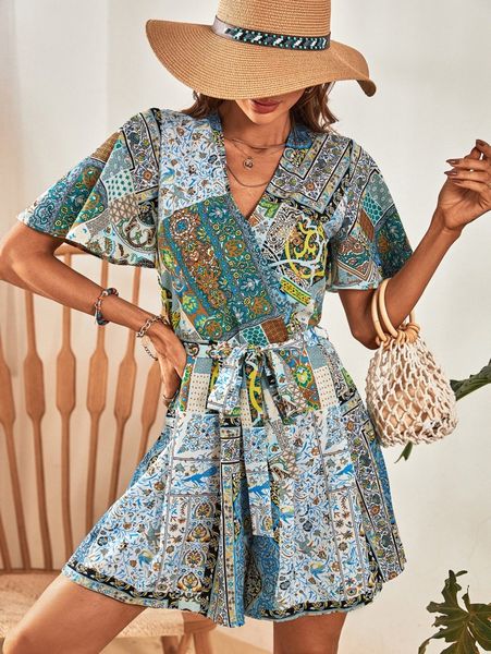 

patchwork surplice neck butterfly sleeve belted romper q4ap#, Black;white