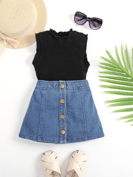 

toddler girls lettuce trim tank & button front skirt she, White