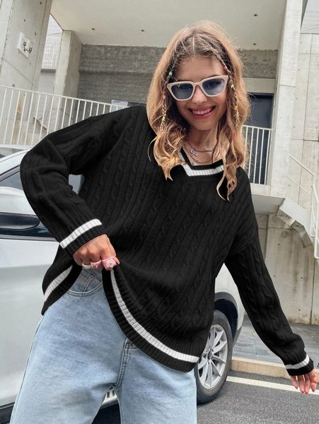 

contrast binding cable knit sweater k5pz#, White;black