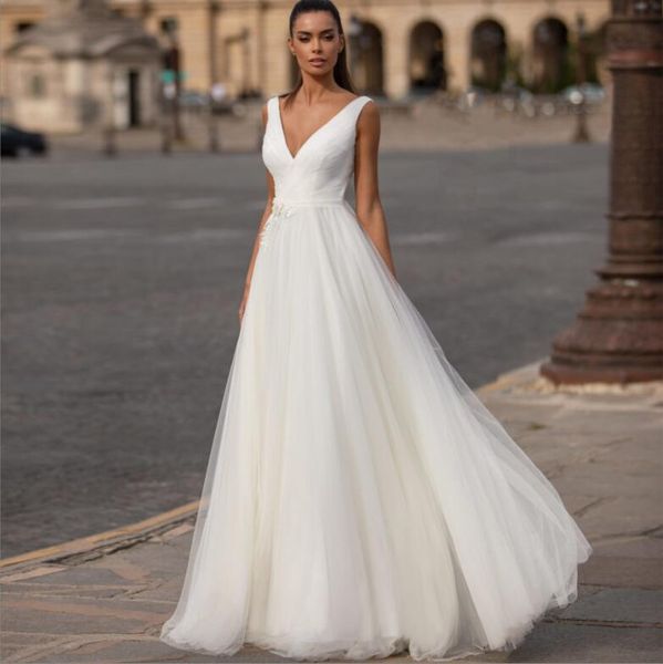 2022 Yeni Fransız Gelin Derin V yakalı gelinlik basit örgü beyaz süper peri ev elbisesi vestido de novia