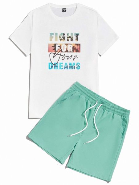 

men slogan graphic tee & drawstring pocket shorts h9mw#, Gray