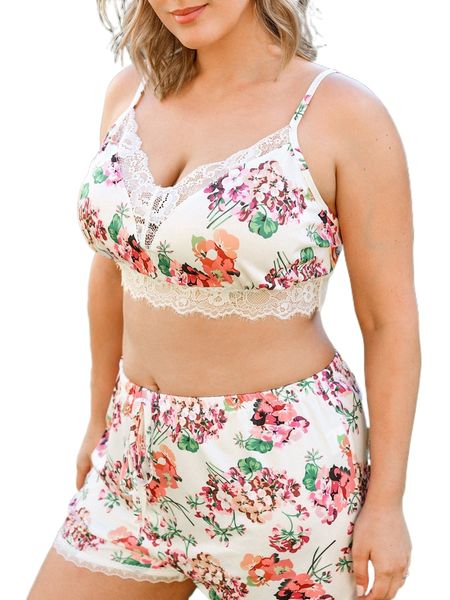 

plus floral print contrast lace cami pj set 99dx#, Black;white