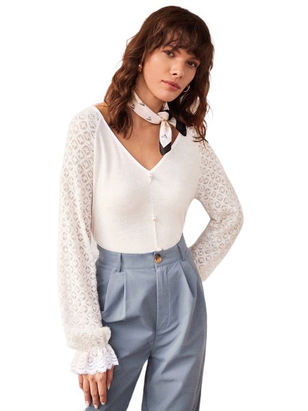 

pointelle knit flounce sleeve buttoned front q2sj#, White