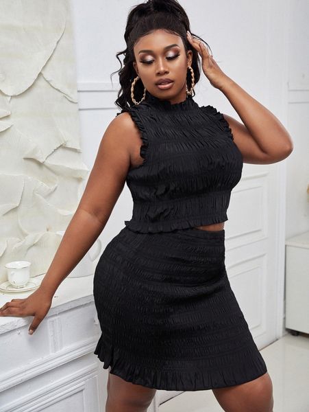 

sxy plus shirred frill trim crop tank & skirt r1n3#, Black