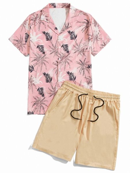 

romwe guys tropical print shirt & drawstring shorts 223f#, Gray