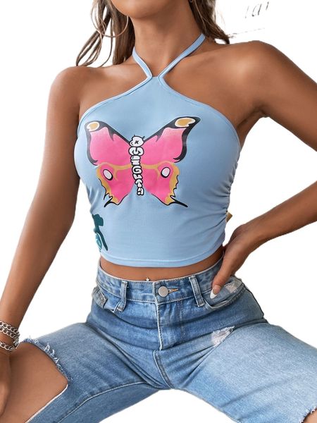 

butterfly & letter graphic tie back halter r6ns#, White