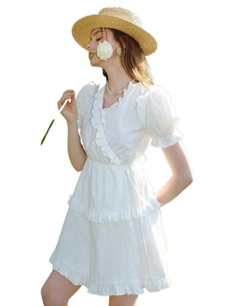 

swiss dot ruffle trim belted dress c6d4#, Black;gray