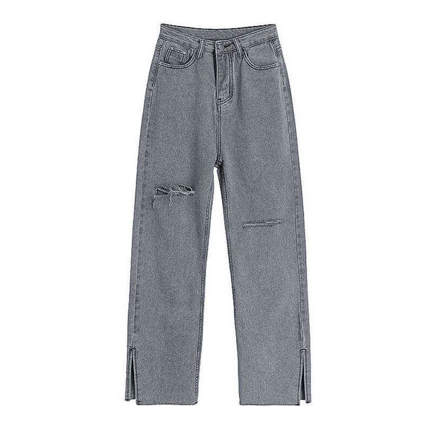 

high waist grey ripped jeans women streetwear baggy harajuku wide leg jeans female trousers 2021 vintage straight long pants t220728, Blue