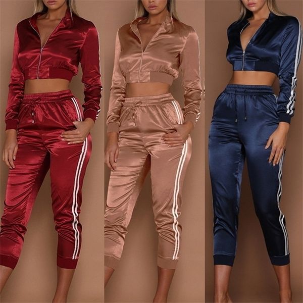 

women sportwear spring autumn running sport suit solid color striped cropped zip high waist gym clothing long sleeve suit t200411, Gray