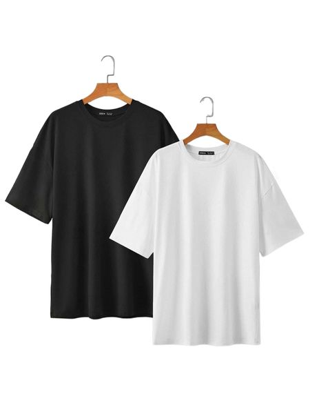 

2pcs solid drop shoulder tee j0qd#, White