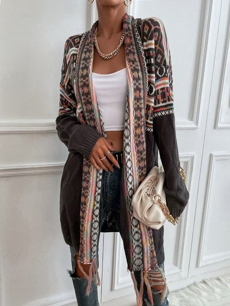 

geo pattern drop shoulder tassel trim open front cardigan g7ga#, White;black