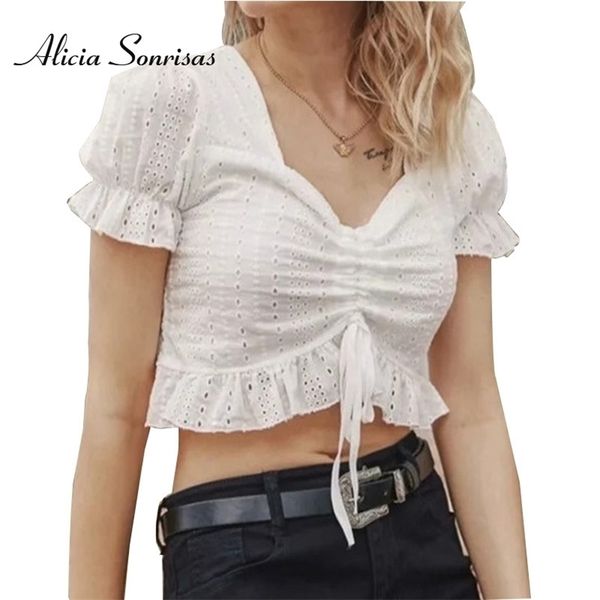 

summer new fashion women blouses french retro lace drawstring short exposed off shoulder white blouse t200608