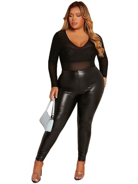 

sxy plus v-neck mesh bodysuit q6r2#, Black