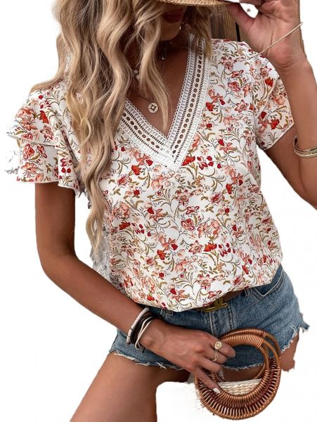 

floral print contrast guipure lace layered sleeve blouse j3j3#, White