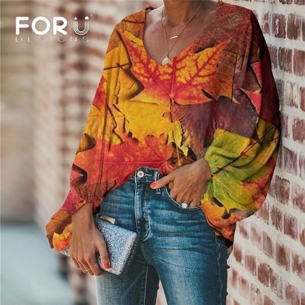 

forudesigns large size women blouse 3d maple leaf print casual loose long sleeve shirt vneck female clothing y200828, White