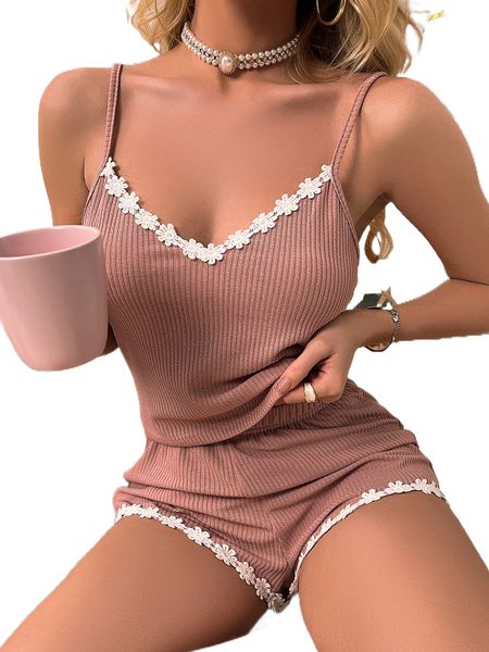 

lace trim rib knit cami & shorts pj set 74xz#, Black;red