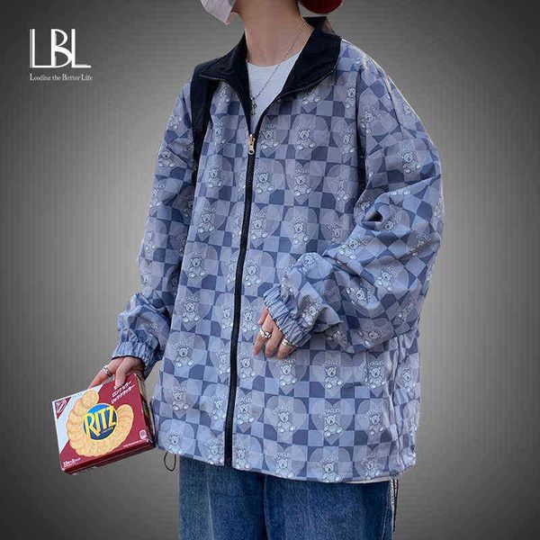 

lbl fashion bear printed two side wear jacket men hooded windbreaker men's jacket 2022 spring streetwear hip hop outfits coats y220803, Black;brown