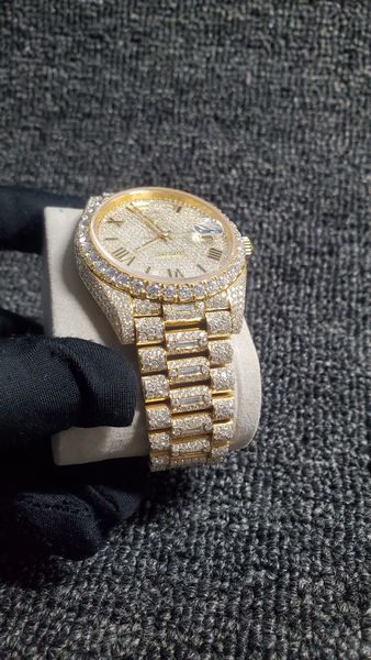 

moissanite 2023 new iced out diamonds watch pass tt eta 3255 movement mechanical yellow gold men luxurywatch boxakfx, Slivery;brown