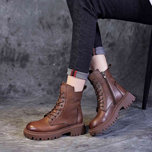 

boots first layer cowhide martin boots women's autumn and winter cotton thick bottom casual lace up side zipper single pamj, Black