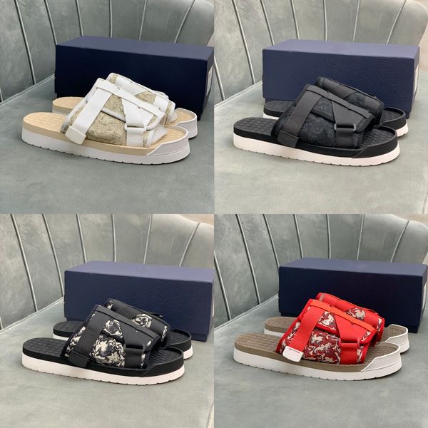 

designers men sandal buckle strap slippers alpha leather printing loafers summer rubber sole flip flops paris slide sandals oblique platform, Black