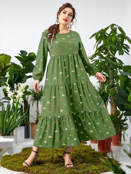 

plus butterfly print lantern sleeve ruffle hem smock dress w9c8#, Black