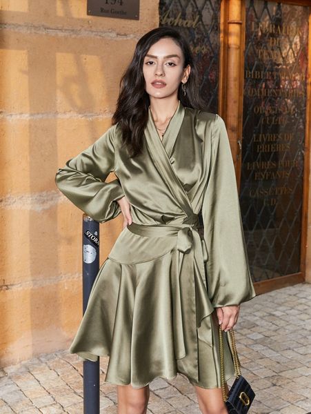 

surplice neck lantern sleeve flare hem belted dress l1pb#, Black;gray