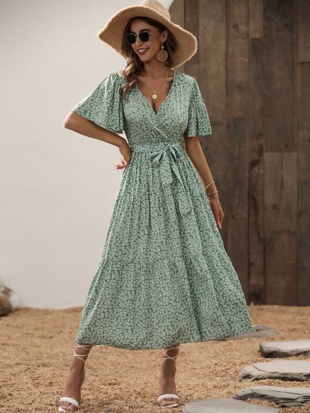 

ditsy floral print butterfly sleeve ruffle hem belted dress f0dl#, Black;gray