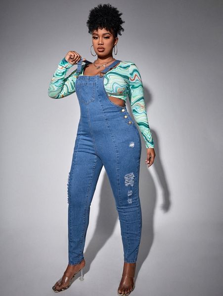 

plus ripped frayed denim overall jumpsuit q8ny#, Black;white