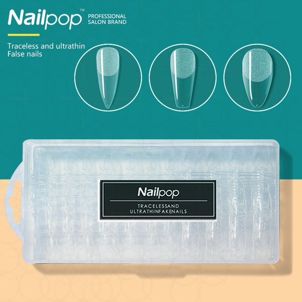 Nailpop Kunstnägel mit Designs, kurzes Acryl, Mandelsarg, vollständige Abdeckung, Gel, X-Spitzen, zum Aufdrücken, gefälschte amerikanische Kapselkunst, 220716