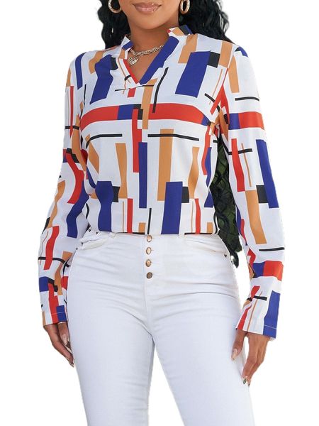 

geo print notched neck blouse n97y#, White