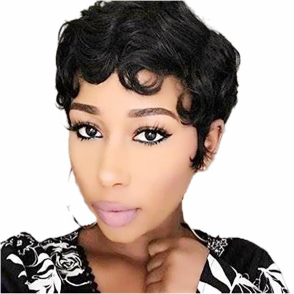 

short loose wave pixie cut wigs for black women afro wavy curl wig natural looking human hair wigs, Black;brown