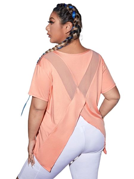 

plus breathable softness mesh insert asymmetrical hem sports tee c763#, Black