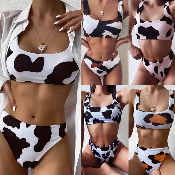 New Hot Style Cow Print Bikini Sexy Beach Swimwear Split Costume da bagno Costume da bagno Donna 2 pezzi Set 210319