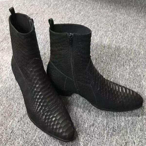 

2019 snakeskin print leather boots fashion matt leather ankle botas party shoes male zip up motorcycles men booties343q, Black