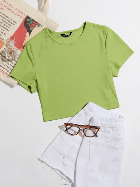 

solid rib knit crop tee u8wj#, White