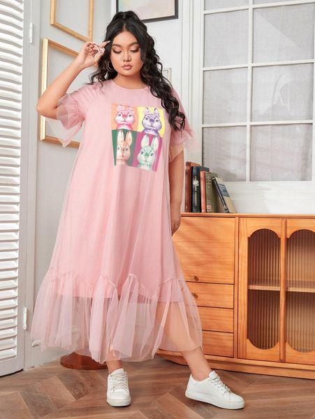 

plus cartoon print ruffle hem mesh dress b8mb#, Black