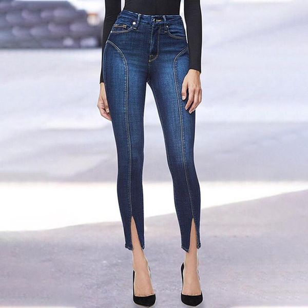 

women's jeans women's mid-waist casual ladies denim pants dark blue super stretchy skinny leg trousers streetwear softener