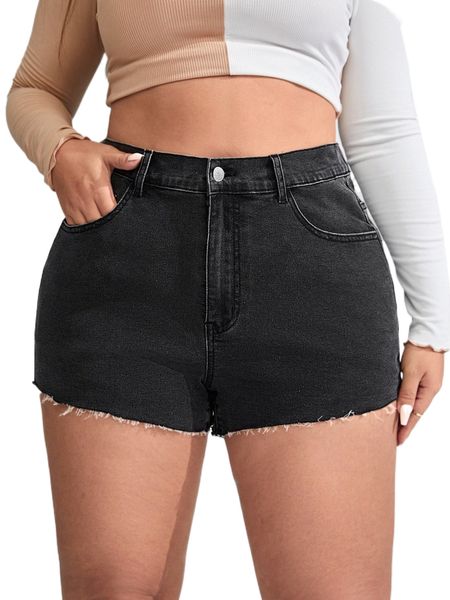 

plus high waist frayed hem denim shorts p16d#, White;black