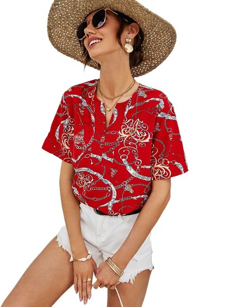 

tassel & chain print notched neck blouse b8hx#, White