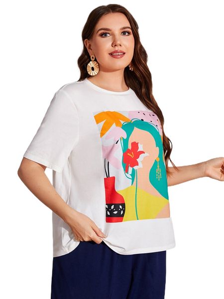 

plus floral & figure graphic tee f4ki#, Black