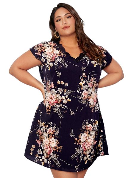 

plus floral print eyelash lace trim batwing sleeve dress p02v#, Black