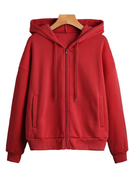 

solid zip up drawstring drop shoulder hoodie v3uf#, Black