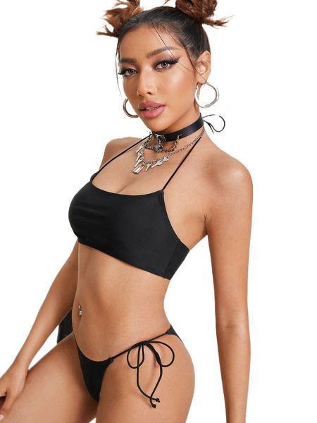 

solid tie side thong bikini swimsuit l88o#, White;black