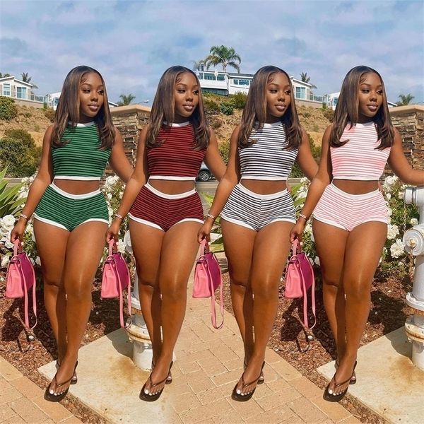 

fashion striped two piece set round neck sleeveless vest sports biker shorts matching suit women summer 220526, White