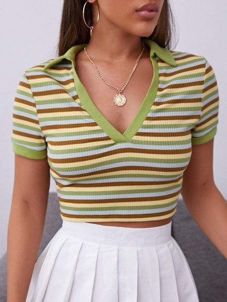 

v neck striped print rib-knit crop tee u6yk#, White