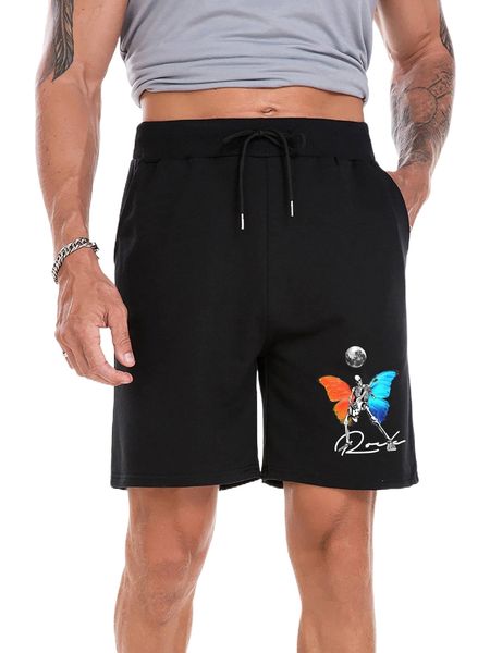 

men skeleton & butterfly print drawstring waist shorts 39cf#, White;black